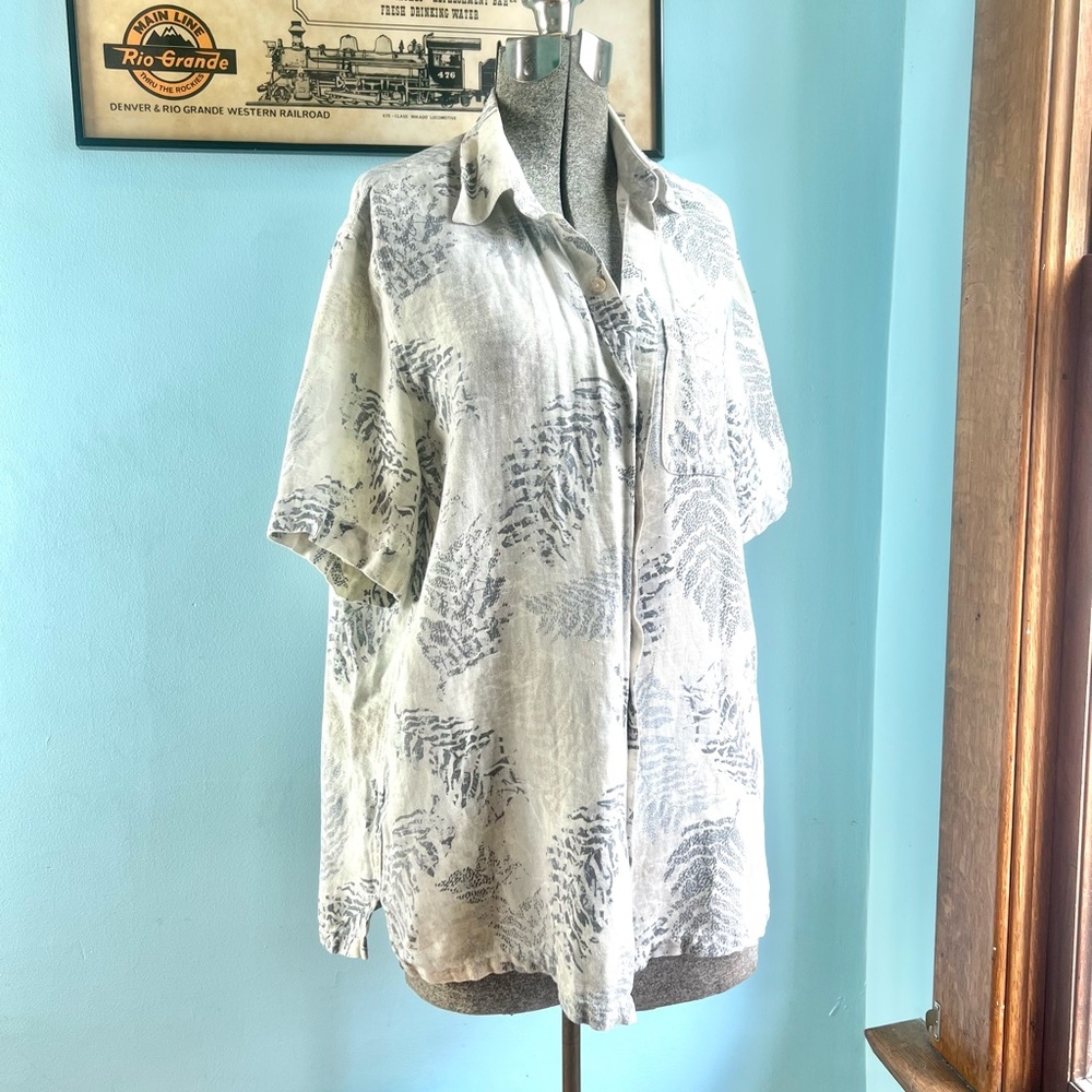 Tasso Elba Island Beige and White Silk Linen Hawaiian Shirt